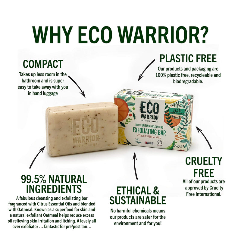 [Australia] - Eco Warrior Exfoliating Soap Bar - Whole Body Soap - Cleansing, Moisturising and Exfoliating Citrus Essential Oils and Oatmeal - Natural, Eco Friendly, Vegan and Cruelty Free Bar of Soap - 100g 