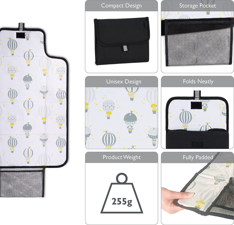 [Australia] - Polar Gear Baby Portable Changing Mat, Wipe Clean Compact Change Mat for Newborns & Toddlers, Travel Nappy Changing Bag with Pocket – Soft, Padded & Fits into Handbags/Backpacks – Hot Air Balloon Black, white, grey 