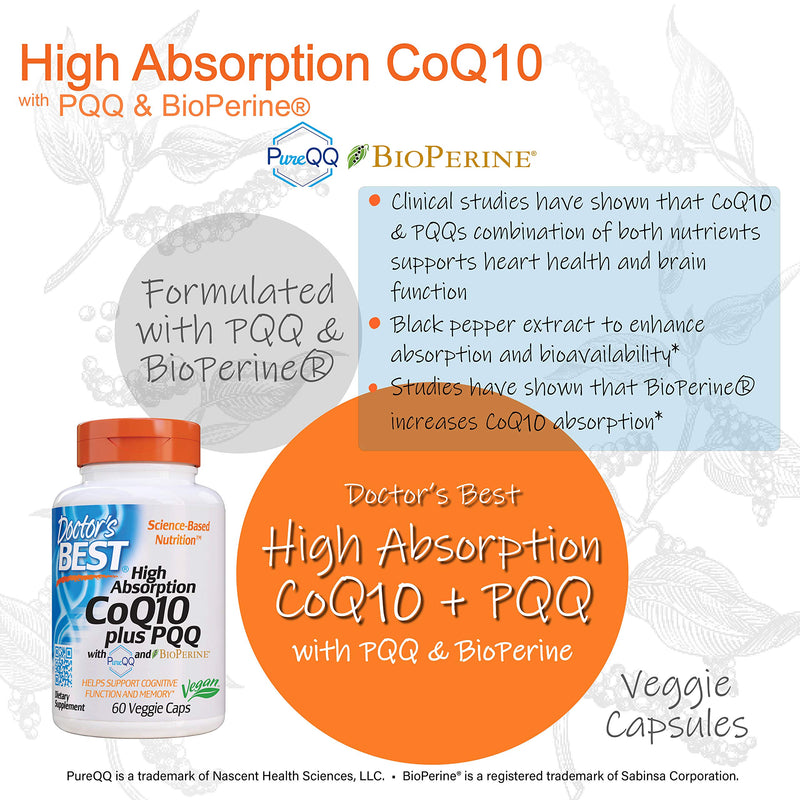 [Australia] - Doctor's Best High Absorption CoQ10 Plus PQQ, Gluten Free, Naturally Fermented, Vegan, Heart Health & Energy Production, 60 Veggie Caps 