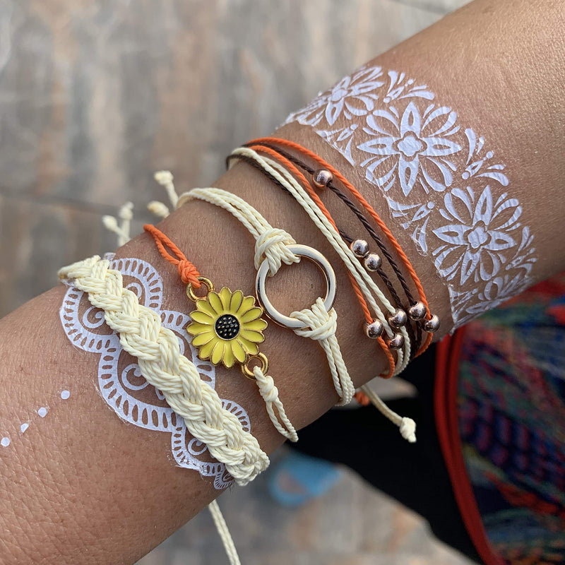 [Australia] - 14 Pieces Bracelets for Teen Girls Wave Strand Anklet Bracelets Set,Handmade Cute Sunflower Adjustable Braided Rope Bracelet Bohemian Beach Friendship Jewelry Christmas Gifts Feature Sunflower Set 