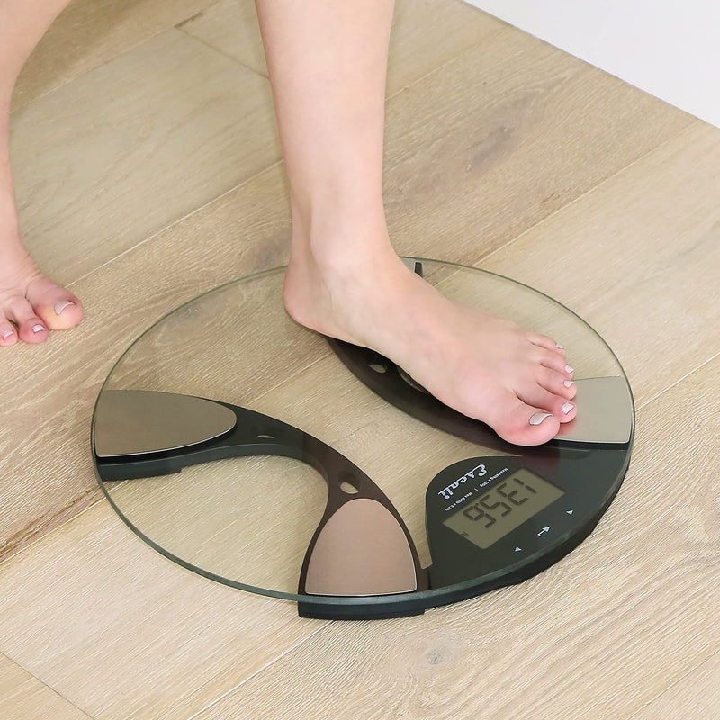 [Australia] - Escali BFBW180 Ultra Slim Body Composition Scale, Glass, 400 Pound Capacity, Body Fat, Water Percentage, Muscle and Bone Mass Clear 