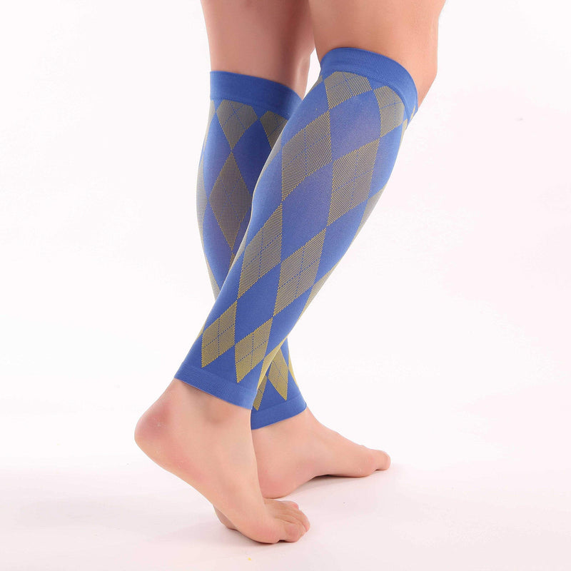 [Australia] - Doc Miller Calf Compression Sleeve for Men & Women - Fast Leg Pain Relief from Shin Splints, Varicose Veins - All Day Calf Support for Running, Travel & Everyday Use Yellow.Blue Medium 