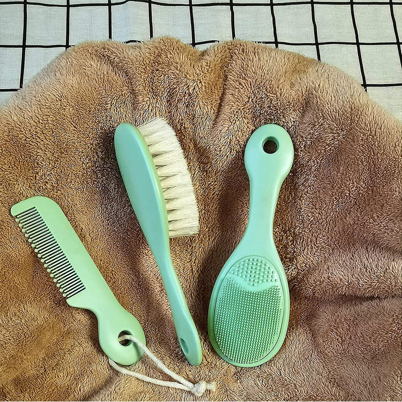 [Australia] - Mocarheri 3 Piece Baby Hair Brush and Comb Set for Newborns & Toddlers- Soft Goat Bristle Hair Brush, Silicone Bath Brush and Baby Comb for Infant, Kids - Perfect Baby Registry Gift 