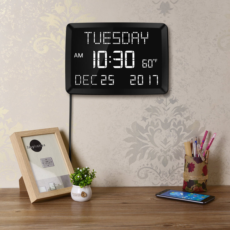 [Australia] - 11.5” Digital Wall Clock with Date,Time,Week,Indoor Temperature,3 Alarms,5 Dimmer,2 USB Chargers,Battery Backup,Snooze,12/24H for Elderly,Parents,Impaired Vision,Dementia,Memory Loss,Office,Bedroom 
