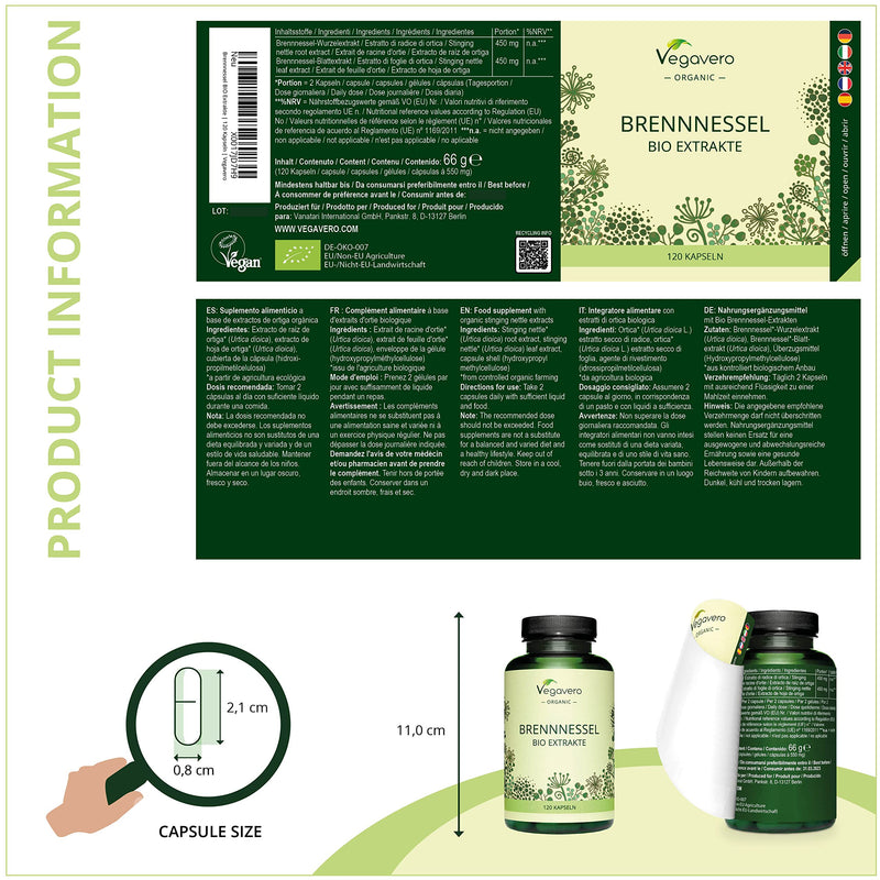 [Australia] - Stinging Nettle Vegavero® | 100% Organic | 2250mg Root & Leaf Extracts | 120 Vegan Capsules | NO Additives | Urtica Dioica 