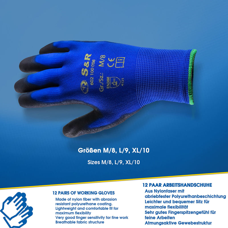 [Australia] - S&R Work Gloves - 12 pairs of BASIC Nylon PU coating Protective Gloves Size L/9 for private and commercial use L (Pack of 24) 