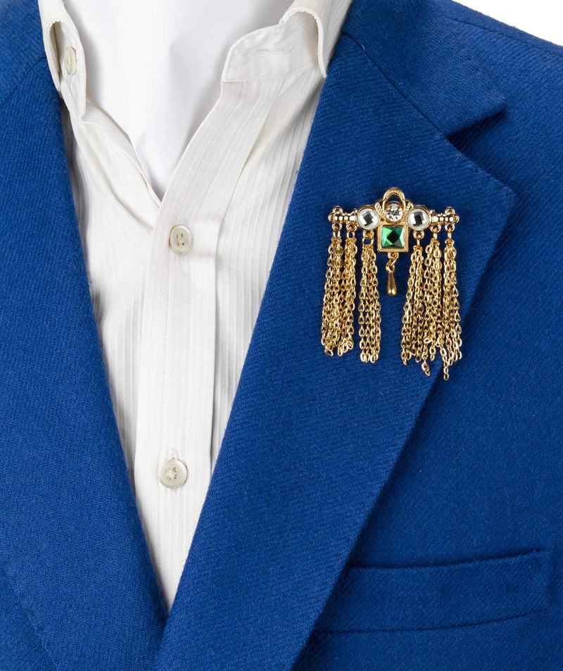 [Australia] - Knighthood Gold Bar with Semi Precious Green Stone White Shimmer Stone and Hanging Chain Brooch 