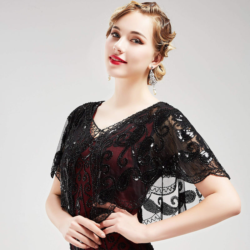 [Australia] - ArtiDeco Women's 1920s Shawl Sequin Beaded Art Deco Evening Cape Vintage Shawl Wraps (Black), Free, Black 