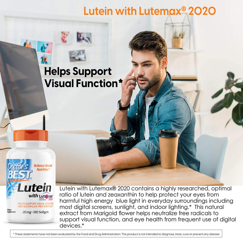 [Australia] - Doctor's Best Lutein Featuring Lutemax, Non-GMO, Gluten Free, Eye Health, 20 mg, 180 Softgels 180 Count (Pack of 1) 