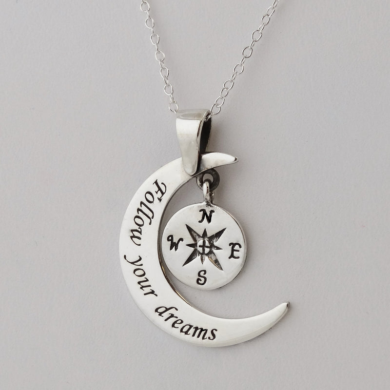 [Australia] - FashionJunkie4Life Sterling Silver Follow Your Dreams Crescent Moon w/Compass Pendant Necklace, 18" Chain 