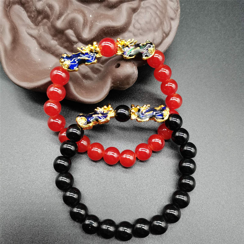 [Australia] - Homelavie 2 Pcs Feng Shui Black Obsidian Wealth Bracelet 8mm Bead Bracelets with Double Color Changed Pi Xiu for Boys Girls Attract Wealth and Good Luck 