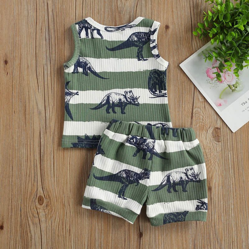 [Australia] - MoZiKQin Infant Newborn Baby Boy Summer Clothes Dinosaur Shorts Set Ribbed Tank Top T-Shirt & Shorts 2 Piece Outfits Green 0-3 Months 