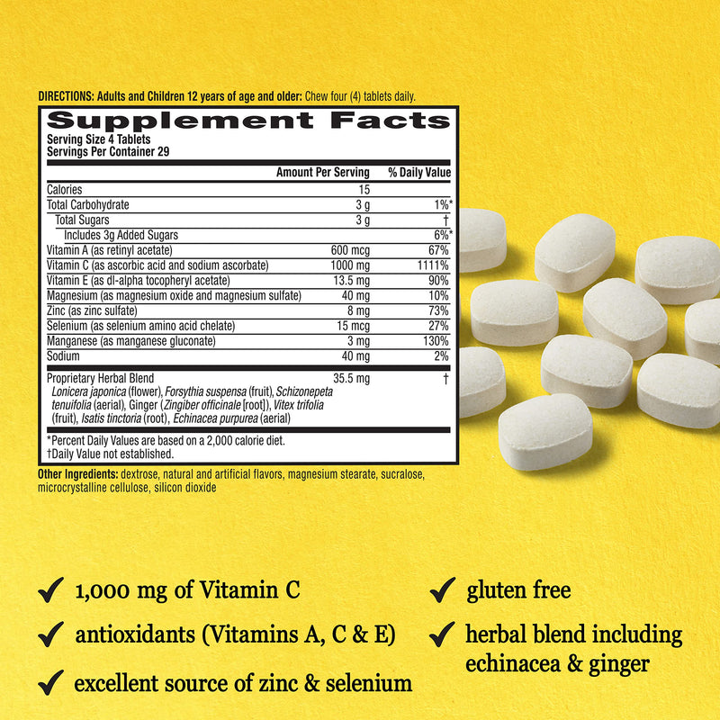 [Australia] - Airborne 1000mg Vitamin C Chewable Tablets with Zinc, Immune Support Supplement with Powerful Antioxidants Vitamins A C & E - (116 count bottle), Citrus Flavor, Gluten-Free 116 Count (Pack of 1) 