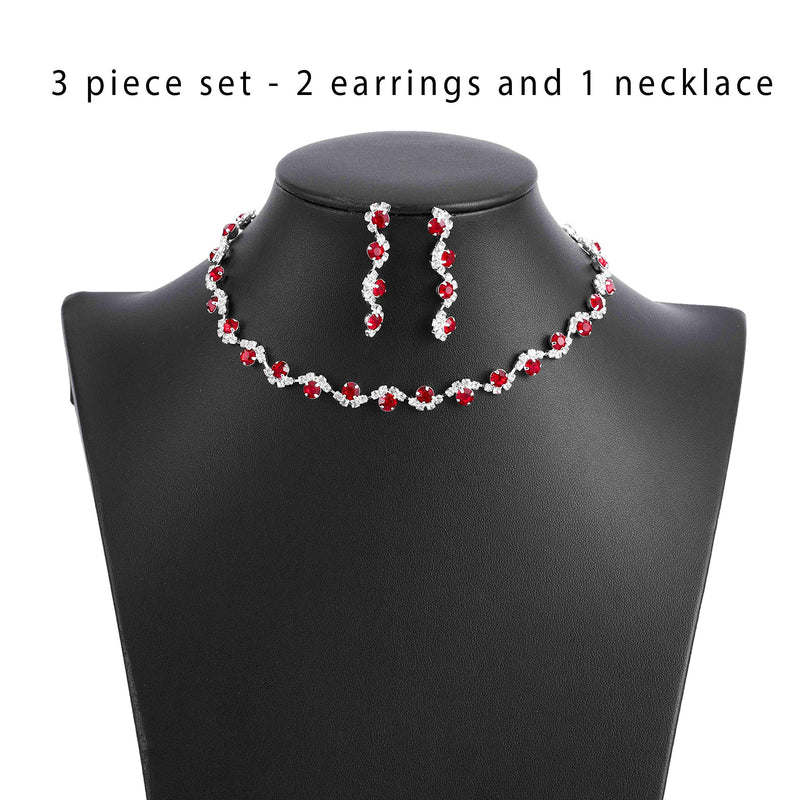 [Australia] - Unicra Bride Silver Necklace Earrings Set Crystal Bridal Wedding Jewelry Set Rhinestone Choker Necklace for Women and Girls (Red) Red 