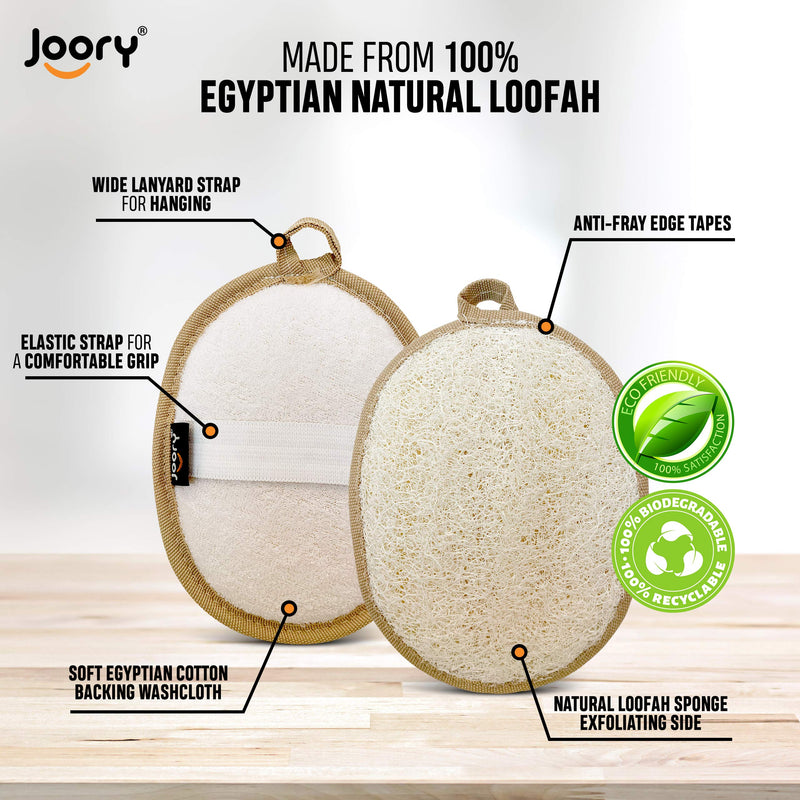 [Australia] - Egyptian Natural Loofah Exfoliating Body Scrubber 3-Pack – Shower Sponges for Men and Women – Eco-Friendly Oval Bath and Body Exfoliators with Palm Straps, Cotton Backing Pads and Linen Carry Bag 