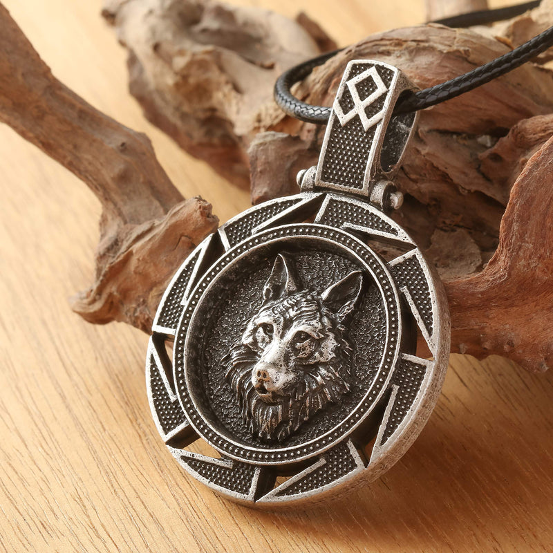 [Australia] - HAQUIL Wolf Necklace - Metal Alloy, Round Wolf Medallion Pendant - Leather Cord, 19.7" 4 