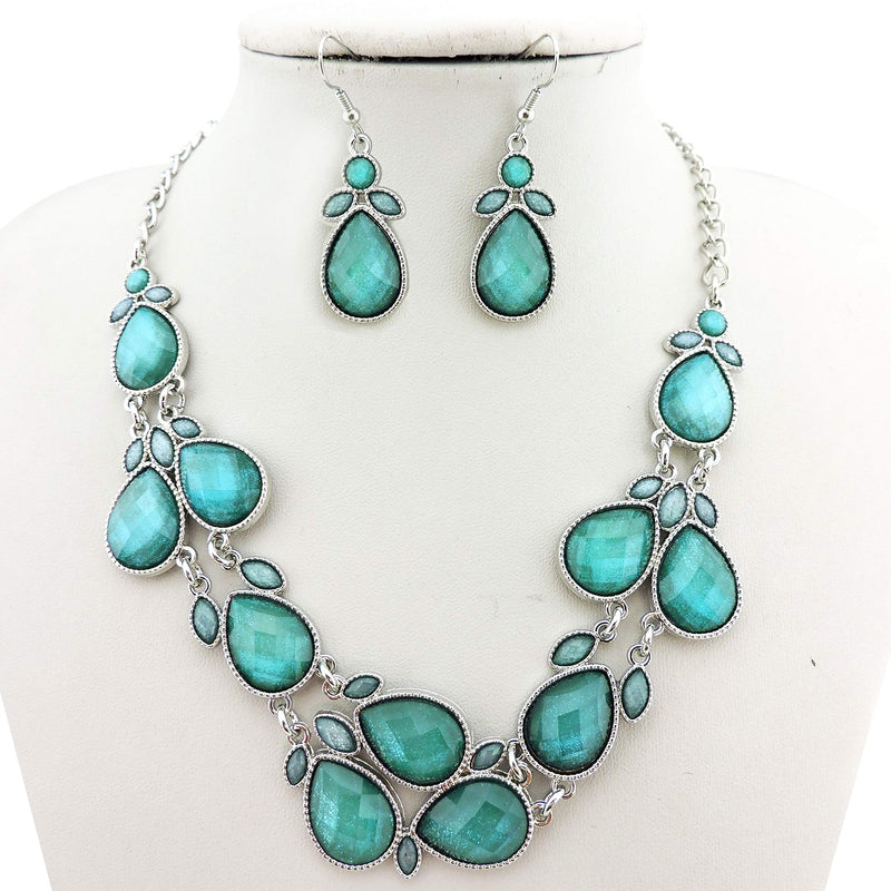 [Australia] - Firstmeet Shiny Resin Drill Collar Necklace with Earrings teal-bk 