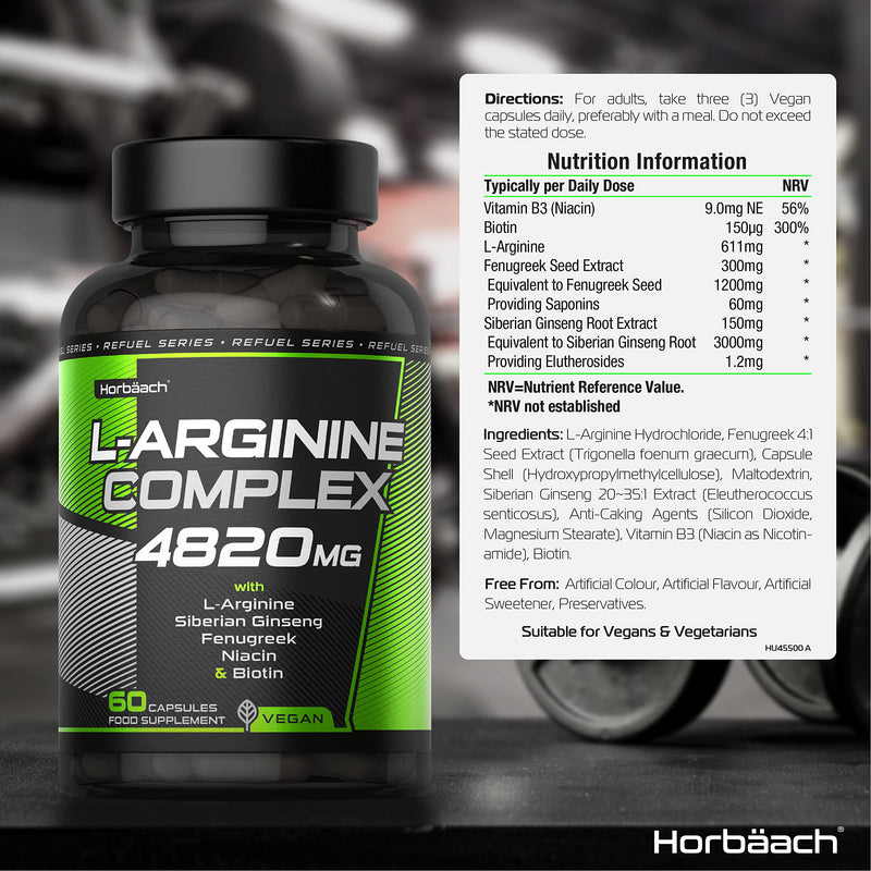 [Australia] - L-Arginine 4820mg | High Strength Complex | with Ginseng, Fenugreek, Niacin (VIT B3) & Biotin | 60 Vegan Capsules | by Horbaach 