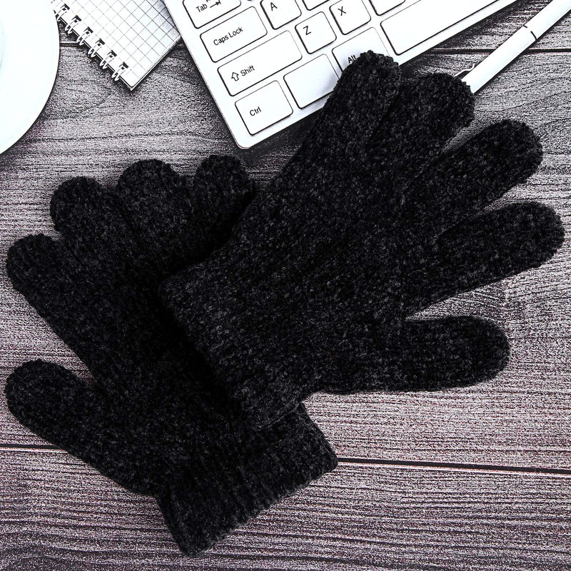 [Australia] - Cooraby 12 Pairs Kids Warm Gloves Chenille Cashmere Stretchy Knitted Gloves for Boys Girls 6-12 Years Black 