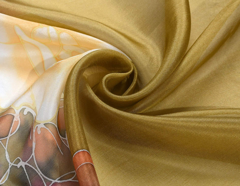 [Australia] - Invisible World Women's 100% Mulberry Silk Scarf Hand Painted Rose Peony Flower Long for Neck or Hair - Brown 