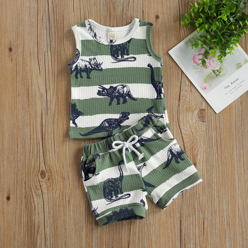 [Australia] - Balaflyie Infant Newborn Baby Boys Dinosaur Clothes Ribbed Tank Tops T-Shirt and Shorts Set 2pcs Summer Outfit Green 0-3 Months 