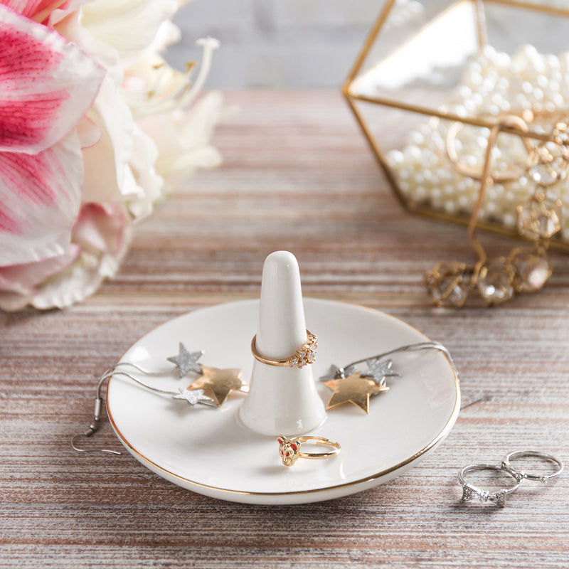 [Australia] - MyGift Modern White Ceramic Jewelry Dish Ring Holder with Gold Trim 