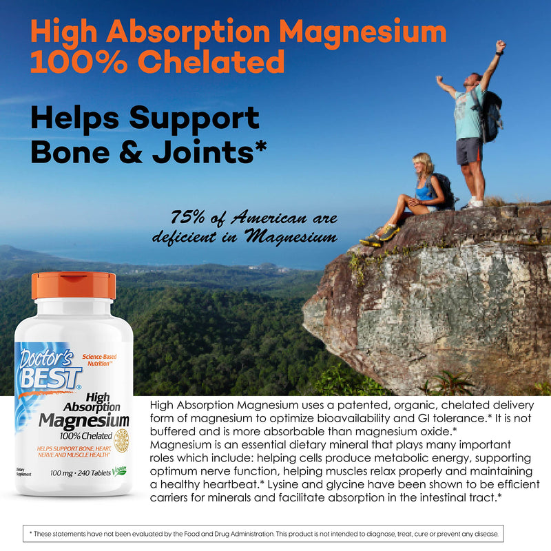 [Australia] - Doctor's Best High Absorption Magnesium Glycinate Lysinate, 100% Chelated, Non-GMO, Vegan, Gluten & Soy Free, 100 mg, 240 Count (Pack of 1) 