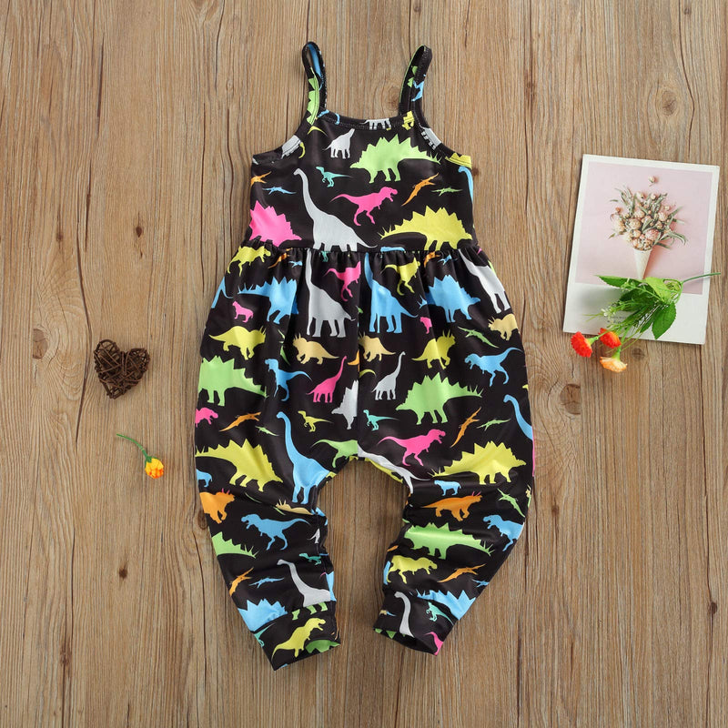 [Australia] - Toddler Girls One Piece Jumpsuit Floral Dinosaur Printed Playsuit Sleeveless Romper Summer Outfits Clothes Black Dinosaur 1-2T 