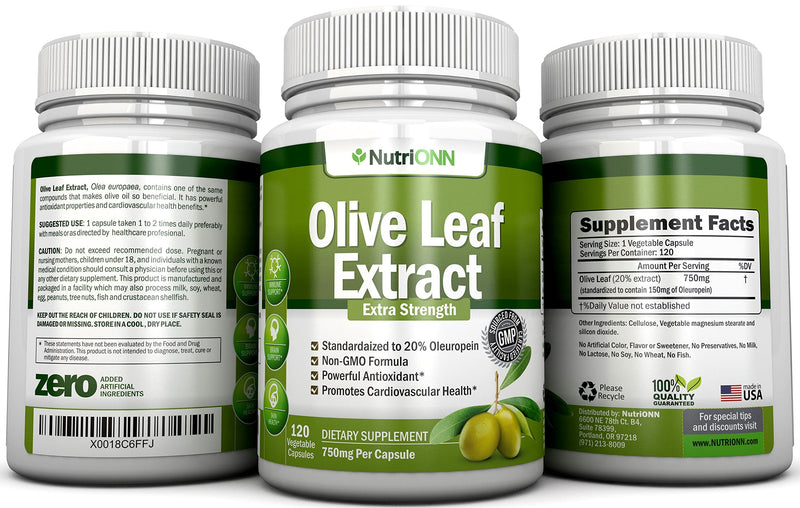 [Australia] - Olive Leaf Extract - 750 Mg - 120 Capsules - Extra Strength - 20% Oleuropein - Non-GMO Formula - Premium Quality From Pure Olive Leaves - Powerful Antioxidant - Great for Heart, Skin and Immune System 