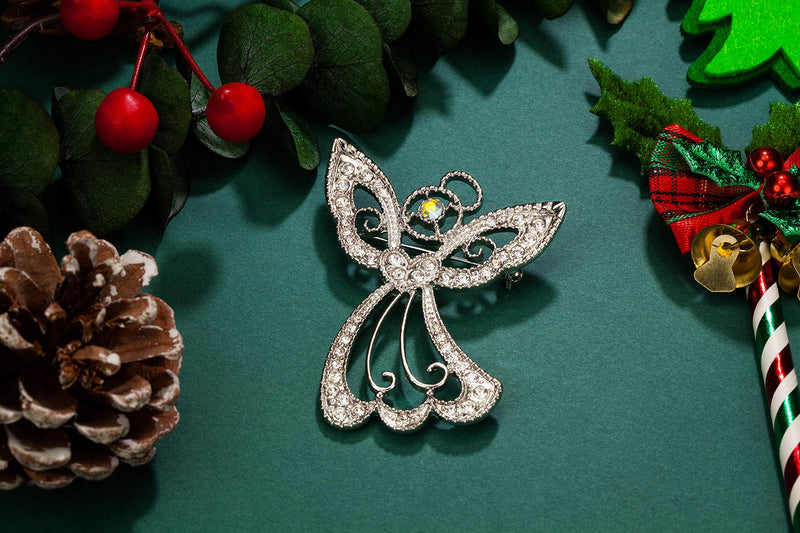 [Australia] - RareLove Big Size 2.44" Vintage Angel Hollow Wing Heart Christmas Pins and Brooches CZ Crystal Embed Brooch Pin Gift For Women Girls Alloy Silver Plated 