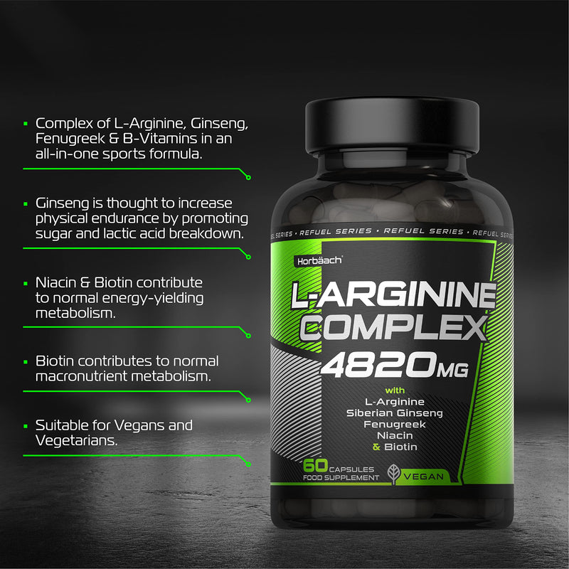 [Australia] - L-Arginine 4820mg | High Strength Complex | with Ginseng, Fenugreek, Niacin (VIT B3) & Biotin | 60 Vegan Capsules | by Horbaach 