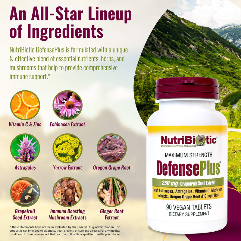 [Australia] - NutriBiotic – DefensePlus, 90 Tablets | 11 in 1 Immune Support with Vitamin C, Zinc, Grapefruit Seed Extract, Echinacea, Astragalus Root & Immune Boosting Extracts & Mushrooms | Vegan & Gluten Free 