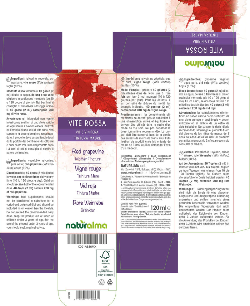 [Australia] - Red Grapevine (Vitis vinifera) Leaves Alcohol-Free Mother Tincture Naturalma | Liquid Extract Drops 120 ml | Food Supplement | Vegan 120 ml (Pack of 1) 