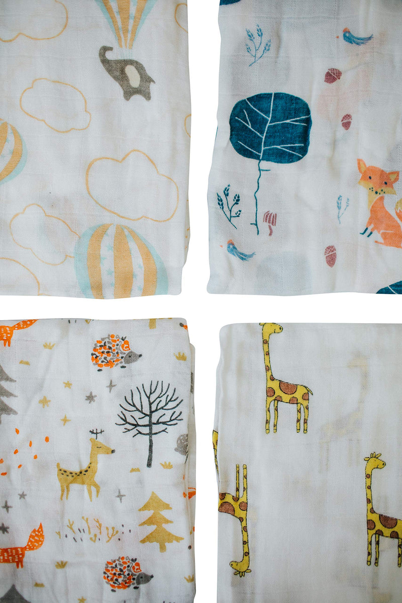 [Australia] - Little English Quality Muslin Squares cloth for Babies, Ultrasoft with 4 unique animal designs - Animal Friends - Pack of 4 - Size 60cm x 60cm 