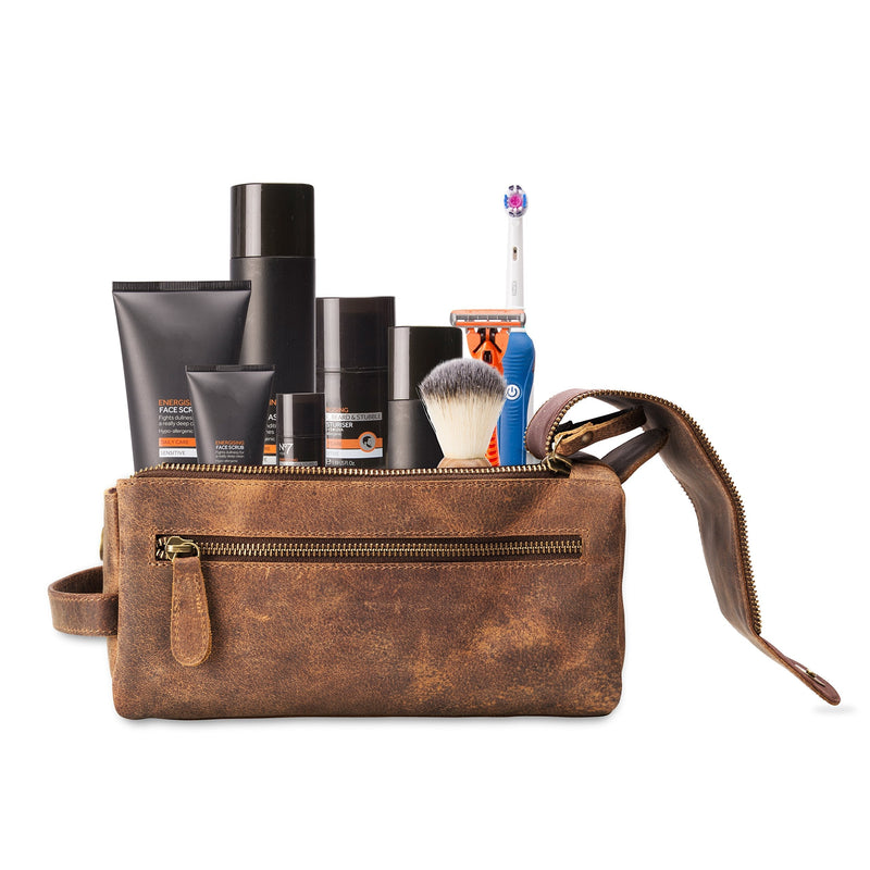 [Australia] - Leather Toiletry Bag for Men & Women - This Handmade Vintage Mens Wash Kit is Sturdy, Compact & Practical - Store All Your Travel Toiletries in Style 