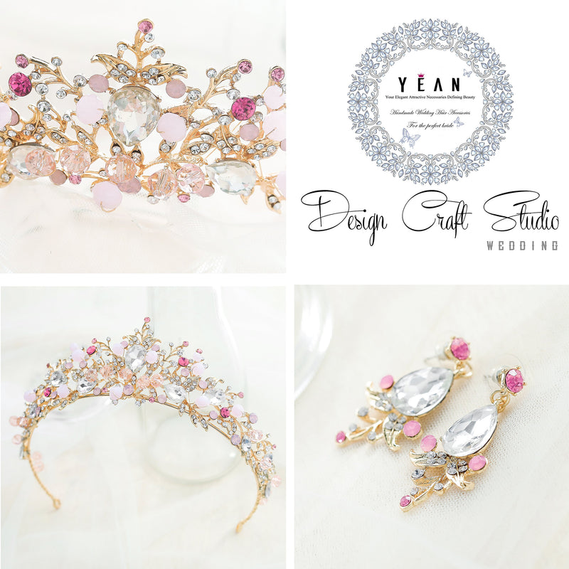 [Australia] - Yean Gold Wedding Crown Bridal Tiaras with Earrings Pink Purple Headband for Women and Girls (Pink) 