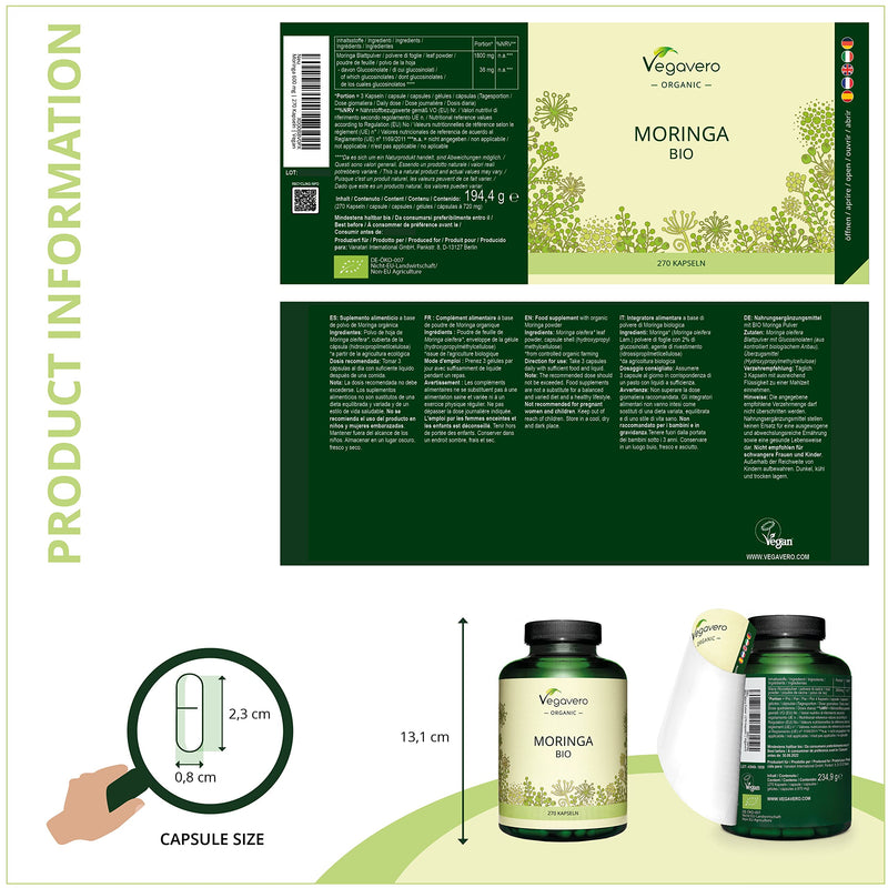 [Australia] - Organic Moringa Oleifera 1800mg Vegavero® | 270 Capsules | Pure Moringa Leaf Powder from Sri Lanka | Vegan & NO Additives | Natural Source of Proteins, Vitamins & Minerals 