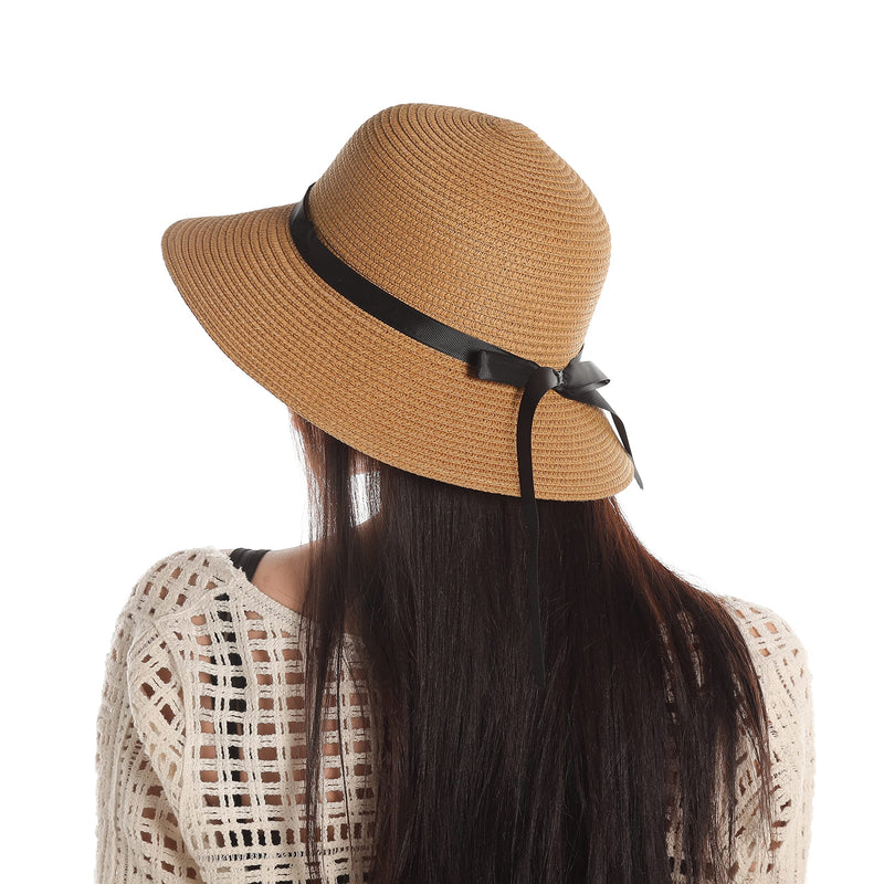 [Australia] - Womens Beach Sun Straw Hat UV UPF50 Travel Foldable Brim Summer UV Hat Khaki 