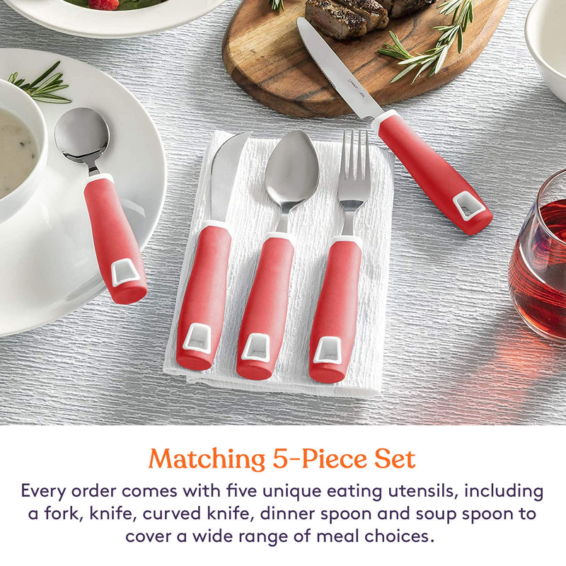 [Australia] - Special Supplies Adaptive Utensils 5-Piece Set Non-Weighted, Non-Slip Handles for Hand Tremors, Arthritis, Parkinson’s or Elderly Use - Stainless Steel Knife, Rocker Knife, Fork, Spoons - Red 