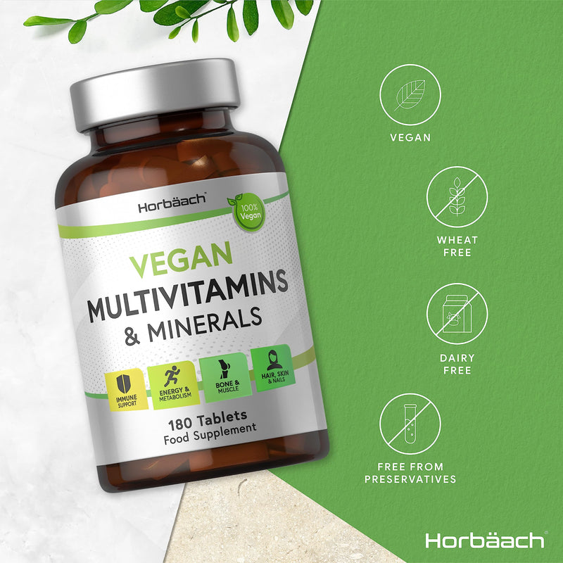 [Australia] - Vegan Multivitamin and Minerals | 180 Tablets | Essential Nutrients for Immune Support, Energy and Metabolism, Bone and Muscle, Hair, Skin and Nails | 100% Vegan | by Horbaach 