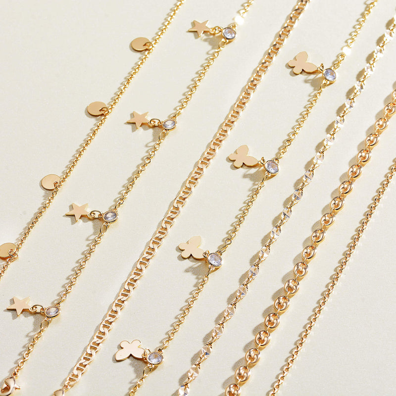 [Australia] - MEVECCO Gold Dainty Anklet,14K Gold Plated Boho CZ Star Beach Cute Pig Nose Tassel Disc Foot Chain Ankle Bracelet Lace Chain Anklet for Women 