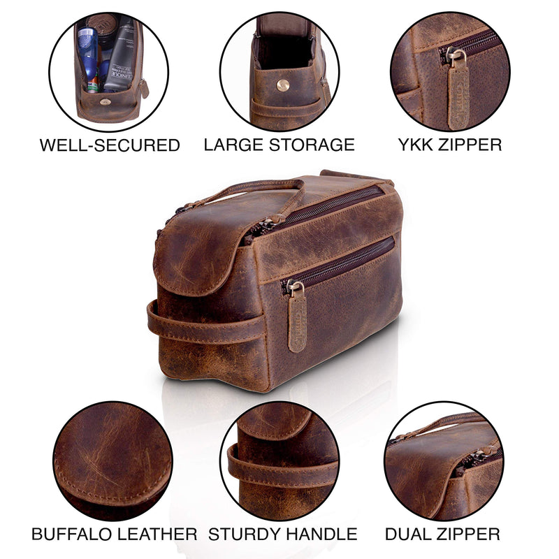 [Australia] - KOMALC Premium Buffalo Leather Unisex Toiletry Bag Travel Dopp Kit (Distressed Tan) Distressed Tan 