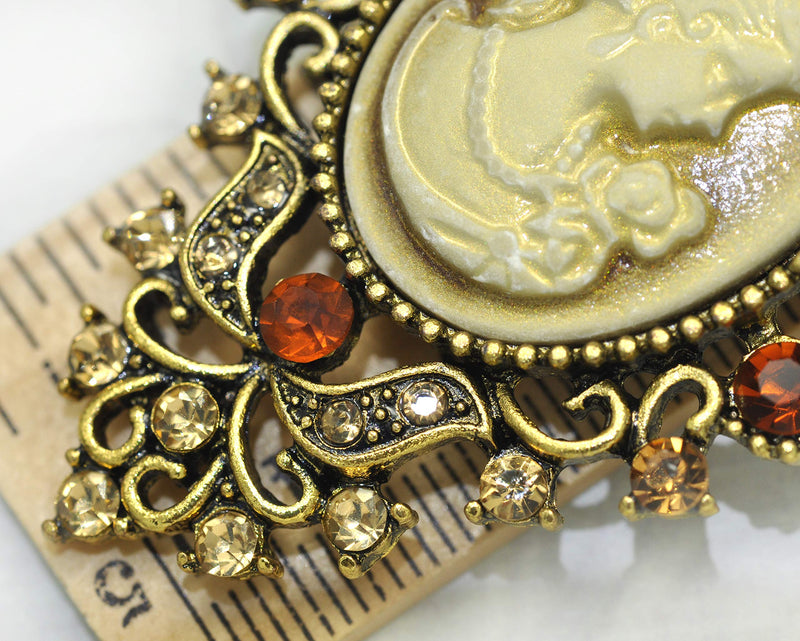 [Australia] - Gyn&Joy Vintage Inspired Victorian Cameo Lady Maiden Crystal Rhinestone Pin Brooch Antique Gold 