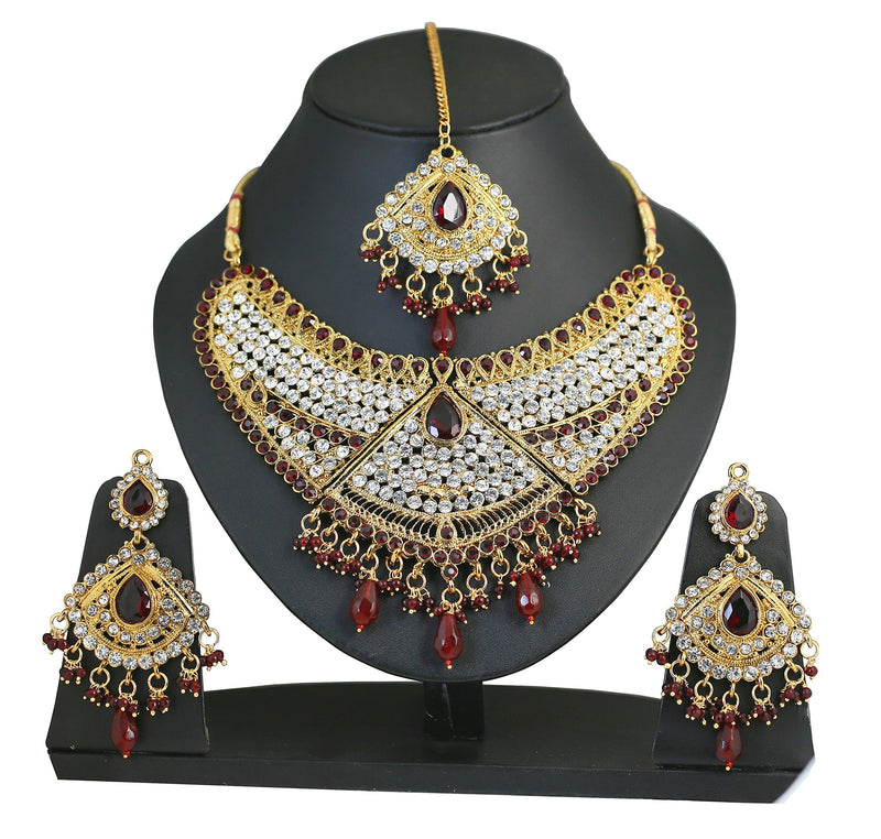 [Australia] - Touchstone Indian Bollywood Faux Ruby-Rhinestones Bridal Jewelry Necklace Set in Antique Gold Tone 