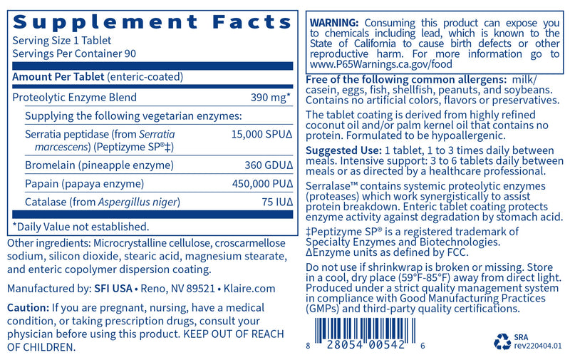 [Australia] - Klaire Labs Serralase - Vegetarian Proteolytic Enzyme Blend with Serratia Peptidase & Bromelain for Digestion, Sourced from Papaya & Pineapple, Hypoallergenic (90 Enteric Coated Tablets) 90 Count (Pack of 1) 