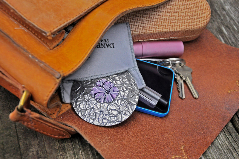 [Australia] - DANFORTH - Pansy Purse Mirror (Purple) - Pewter - 3 Inch Diameter - Handcrafted - Gift Boxed 