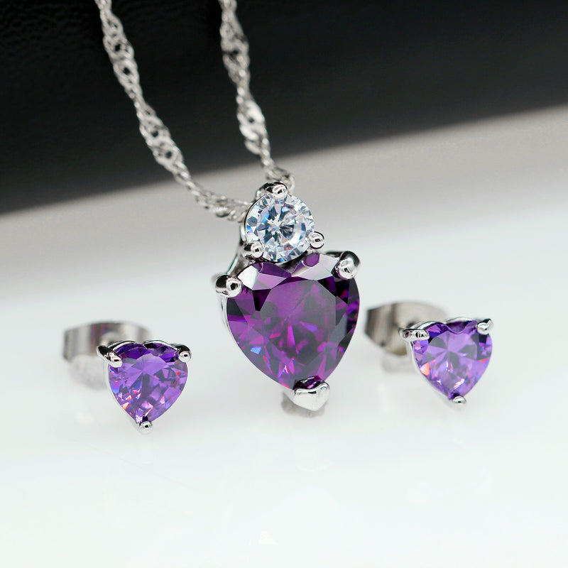 [Australia] - Uloveido Red Crystal Heart Necklace and Earrings Wedding Jewelry Set for Women Girls BME53 Purple 