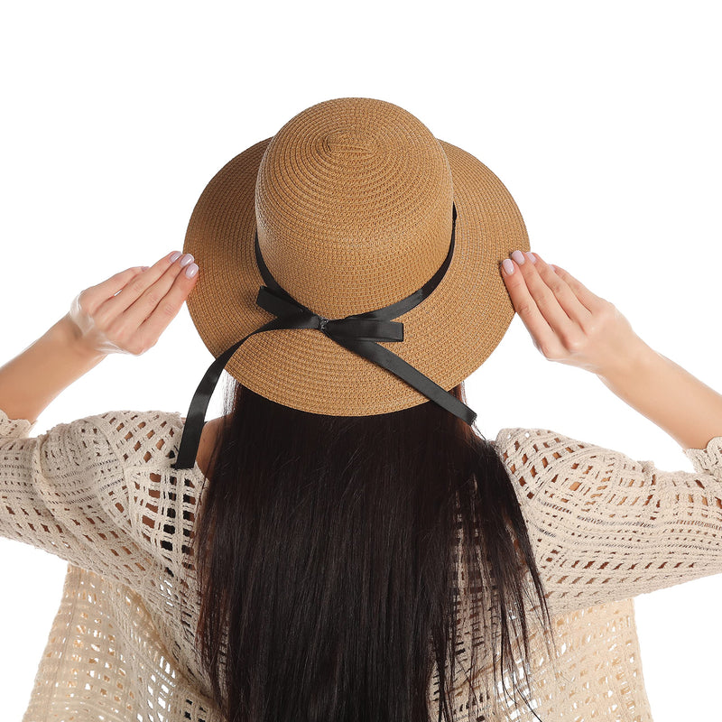 [Australia] - Womens Beach Sun Straw Hat UV UPF50 Travel Foldable Brim Summer UV Hat Khaki 