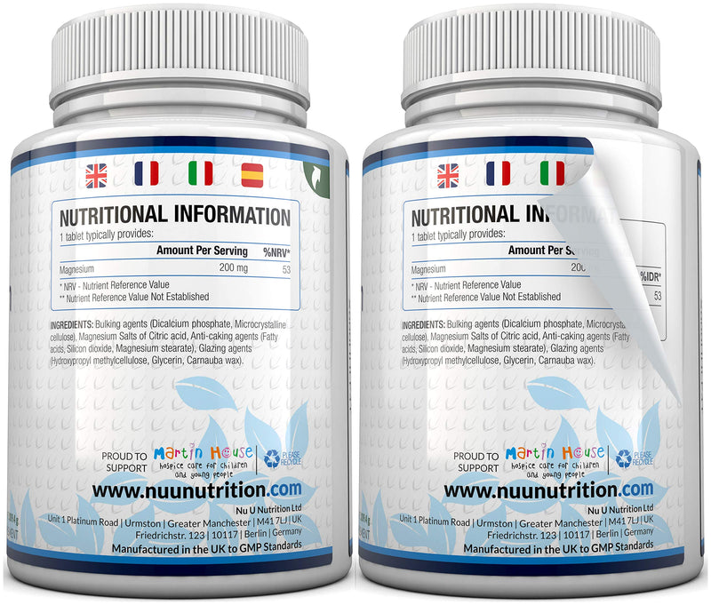 [Australia] - Magnesium Citrate 200mg | 180 Tablets for 6 Month Supply of Magnesium Tablets | Made in The UK by Nu U Nutrition 