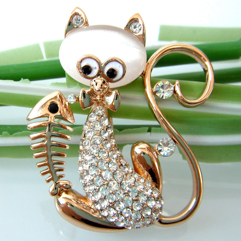 [Australia] - Navachi 18k Gold Plated Cat Eat Fish Bone Opal Brooch Pin White 